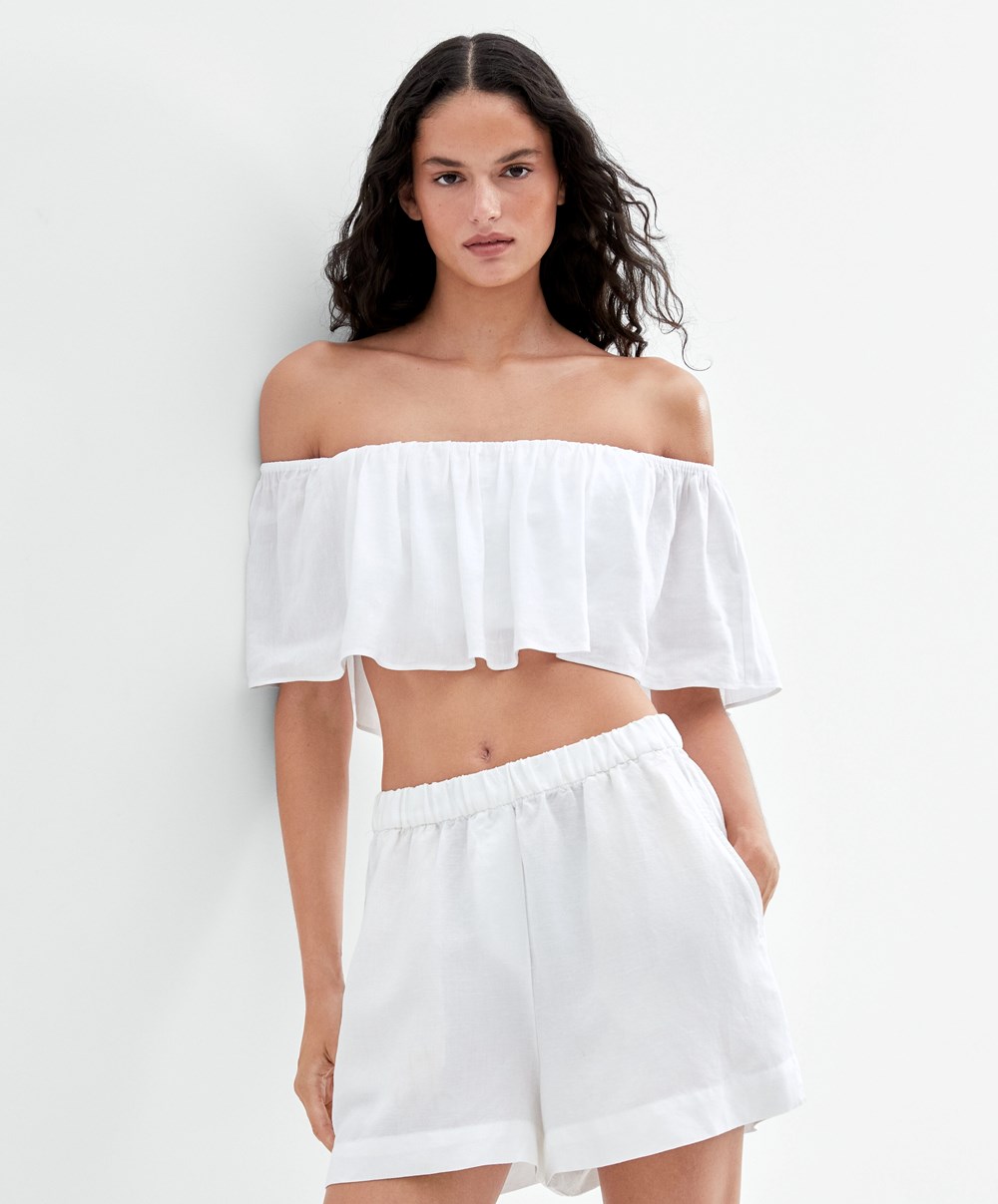 Oysho Linen Off-shoulder Top Fehér | RJWZXP-769