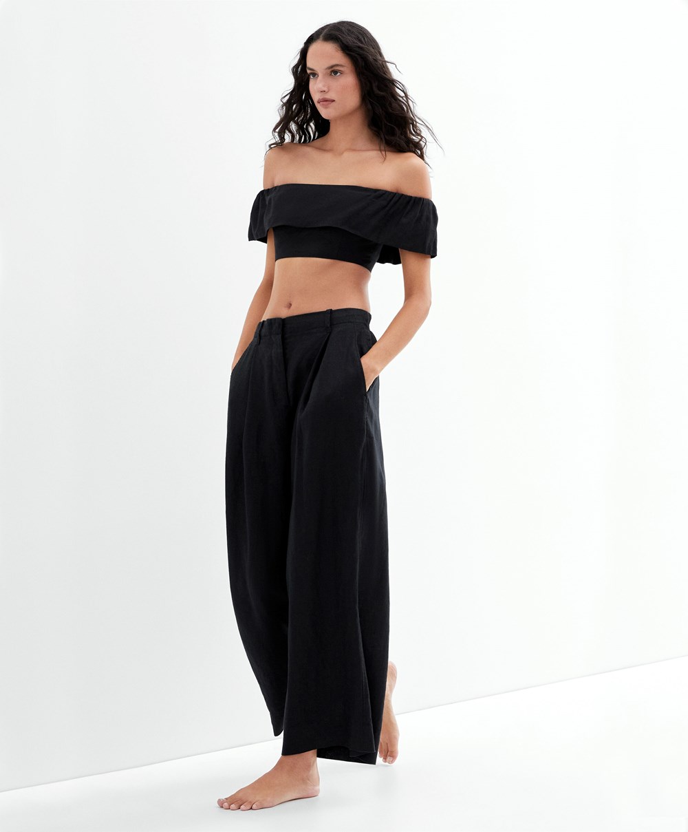 Oysho Linen Off-shoulder Top Fekete | NBPJVU-362