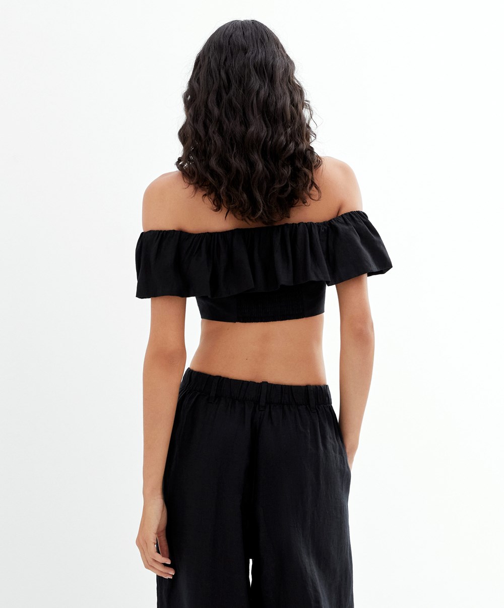 Oysho Linen Off-shoulder Top Fekete | NBPJVU-362