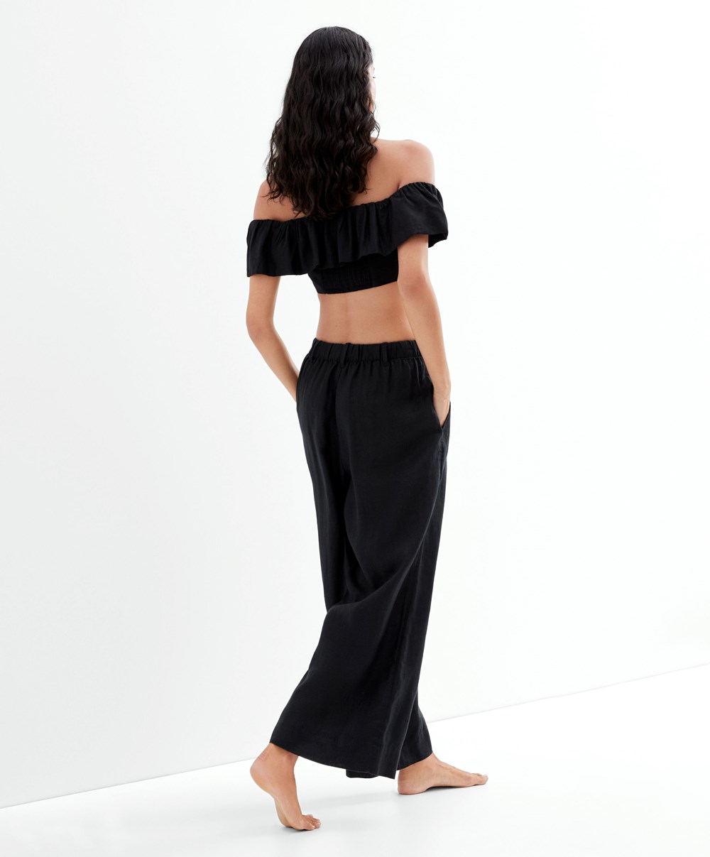 Oysho Linen Off-shoulder Top Fekete | NBPJVU-362