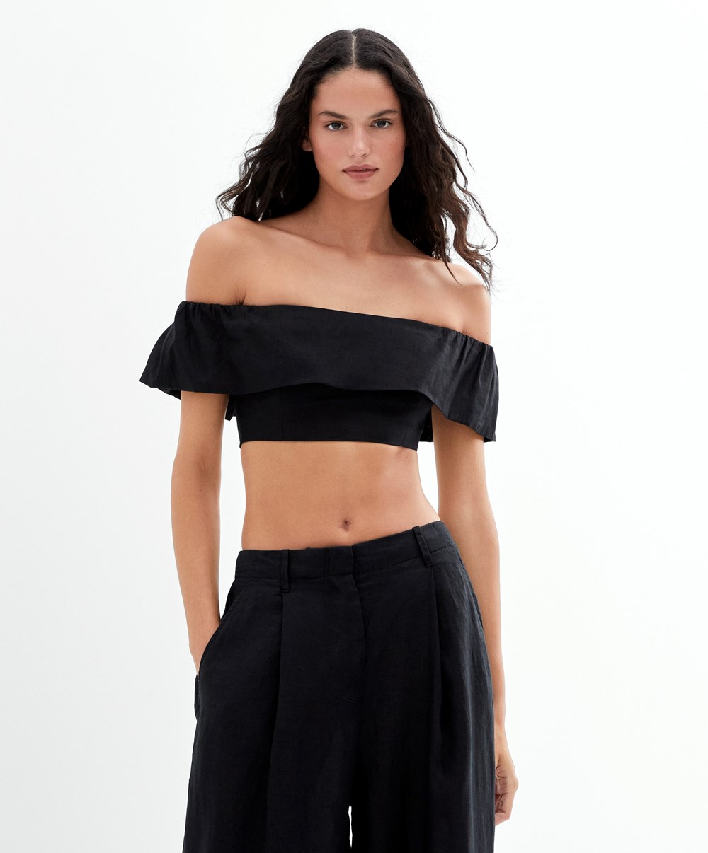 Oysho Linen Off-shoulder Top Fekete | NBPJVU-362