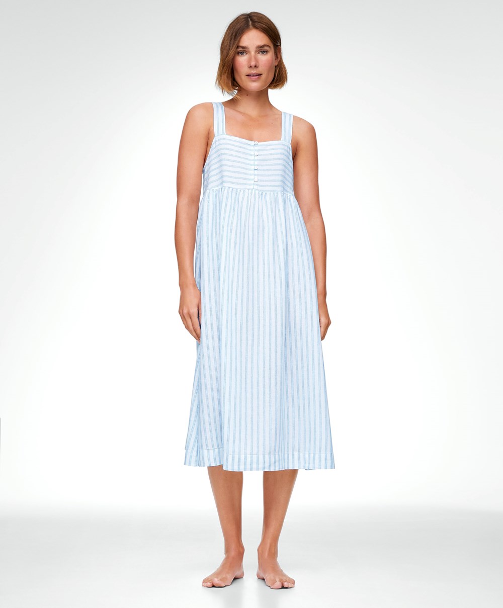 Oysho Linen Pántos Midi Nightdress Pale Ecru | OGTPAD-456