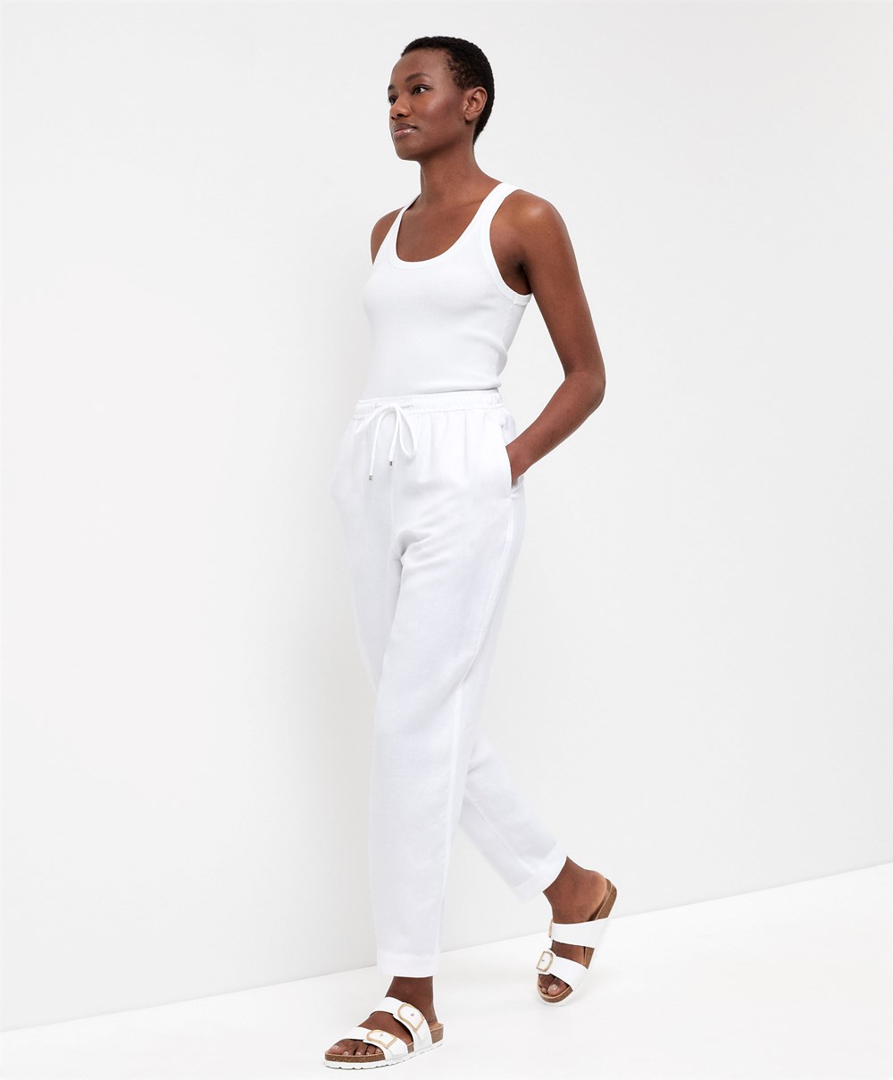 Oysho Linen Relaxed Fit Trousers Fehér | MIQJPA-076