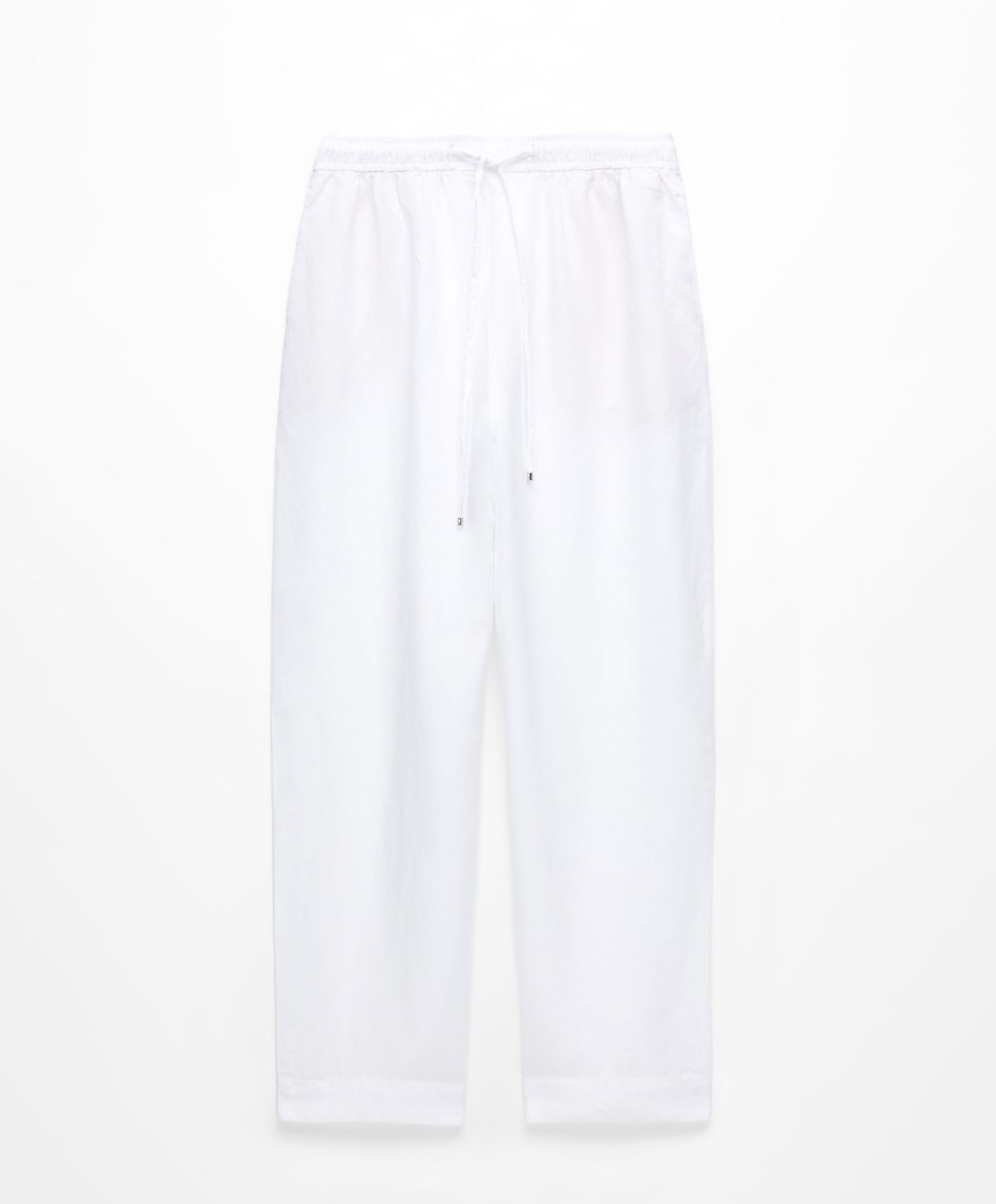 Oysho Linen Relaxed Fit Trousers Fehér | MIQJPA-076