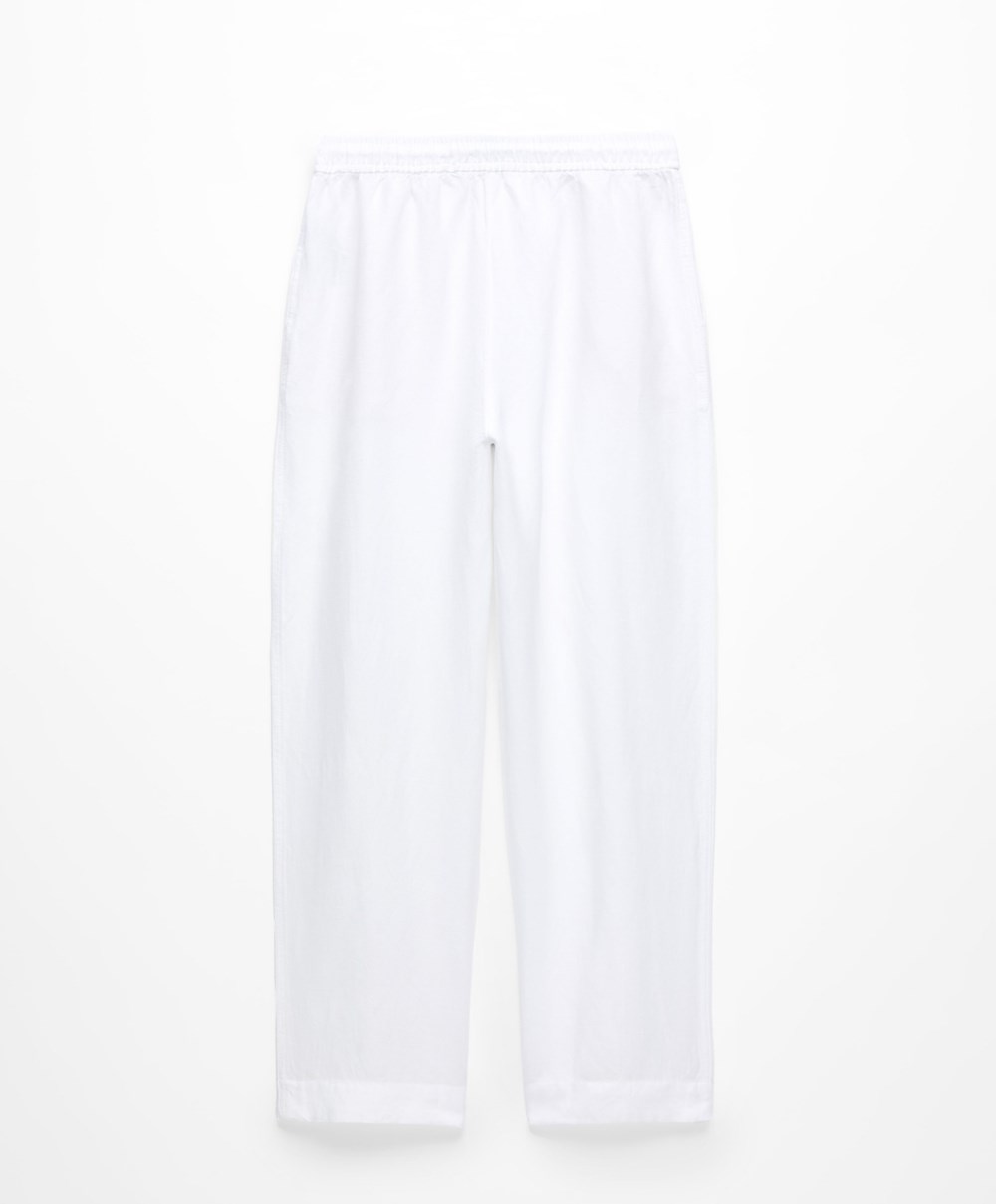 Oysho Linen Relaxed Fit Trousers Fehér | MIQJPA-076