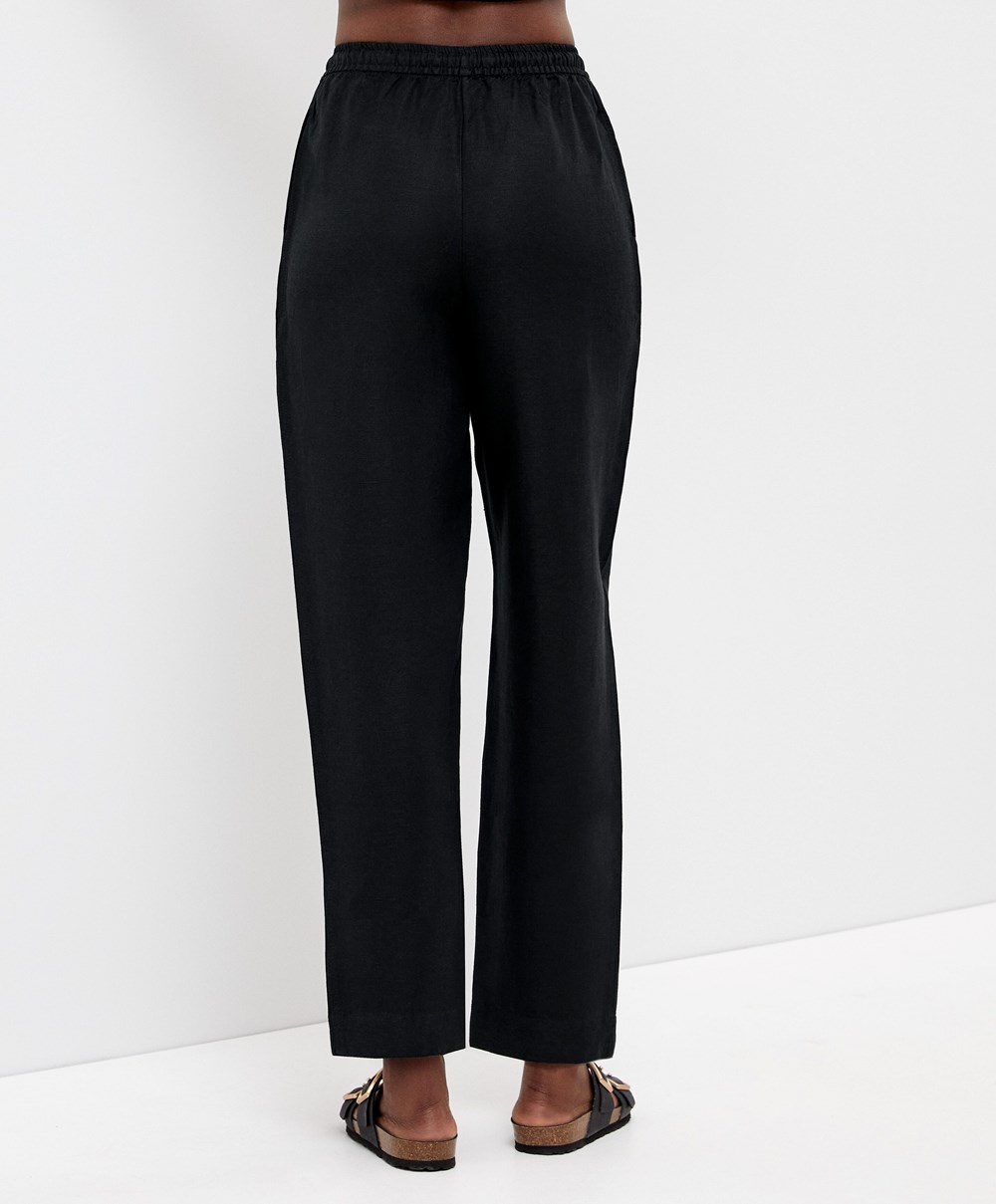 Oysho Linen Relaxed Fit Trousers Fekete | PEYKMX-278