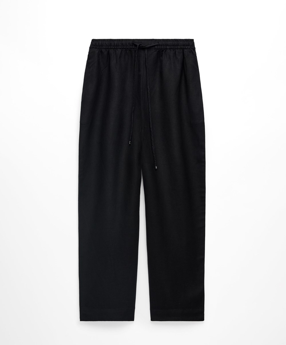 Oysho Linen Relaxed Fit Trousers Fekete | PEYKMX-278