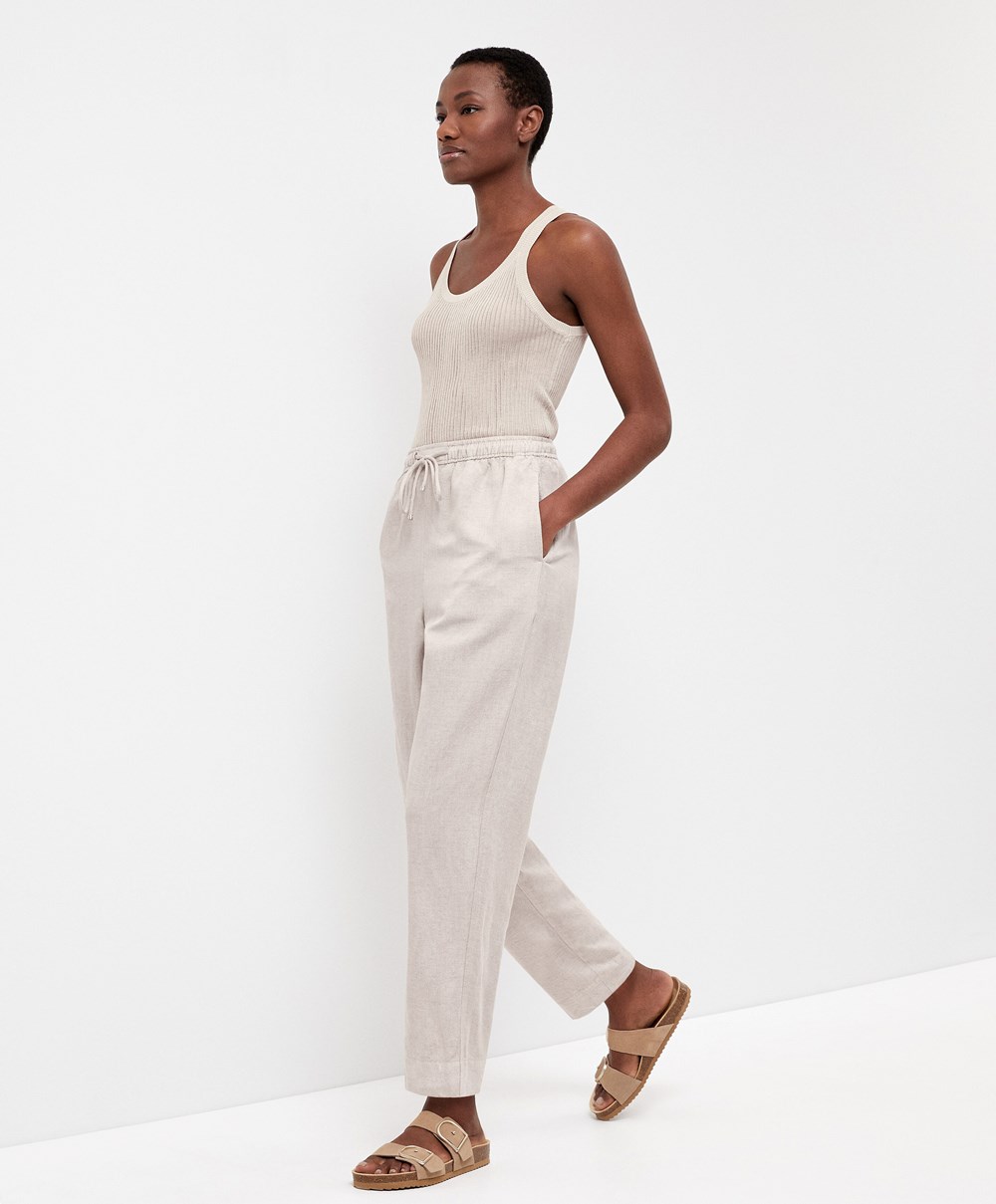 Oysho Linen Relaxed Fit Trousers Sand Melange | WBEUPC-105