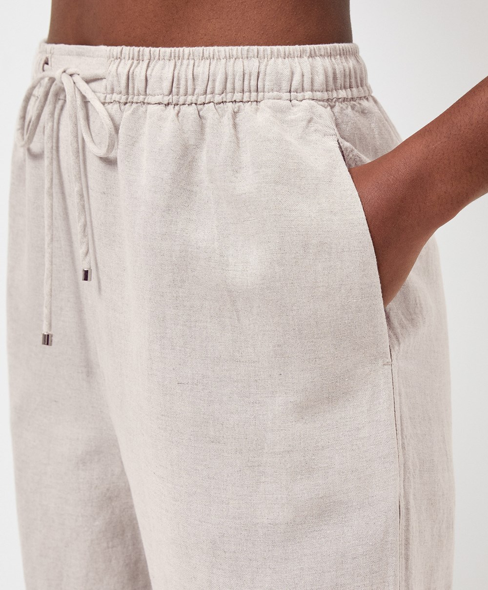 Oysho Linen Relaxed Fit Trousers Sand Melange | WBEUPC-105