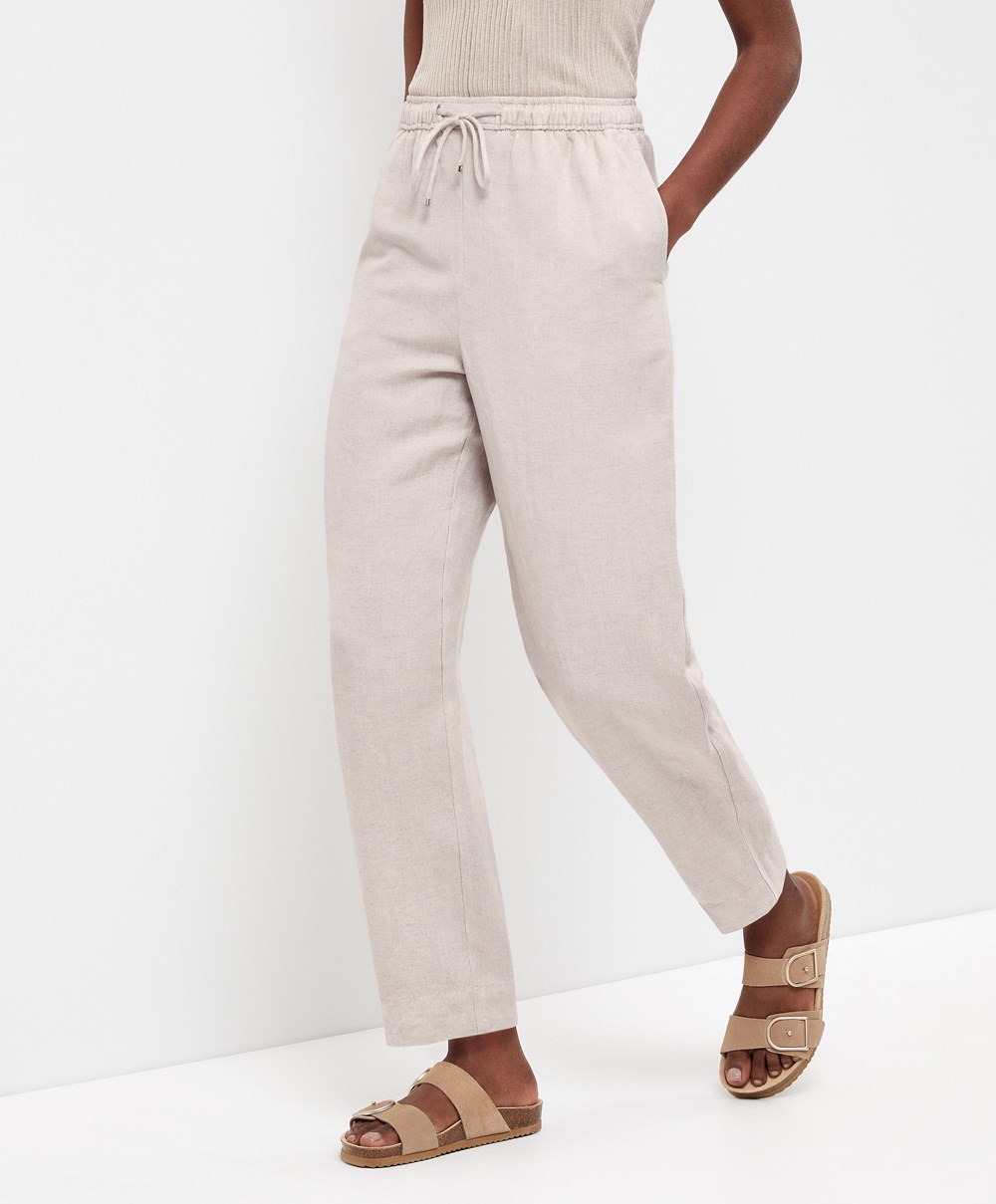 Oysho Linen Relaxed Fit Trousers Sand Melange | WBEUPC-105