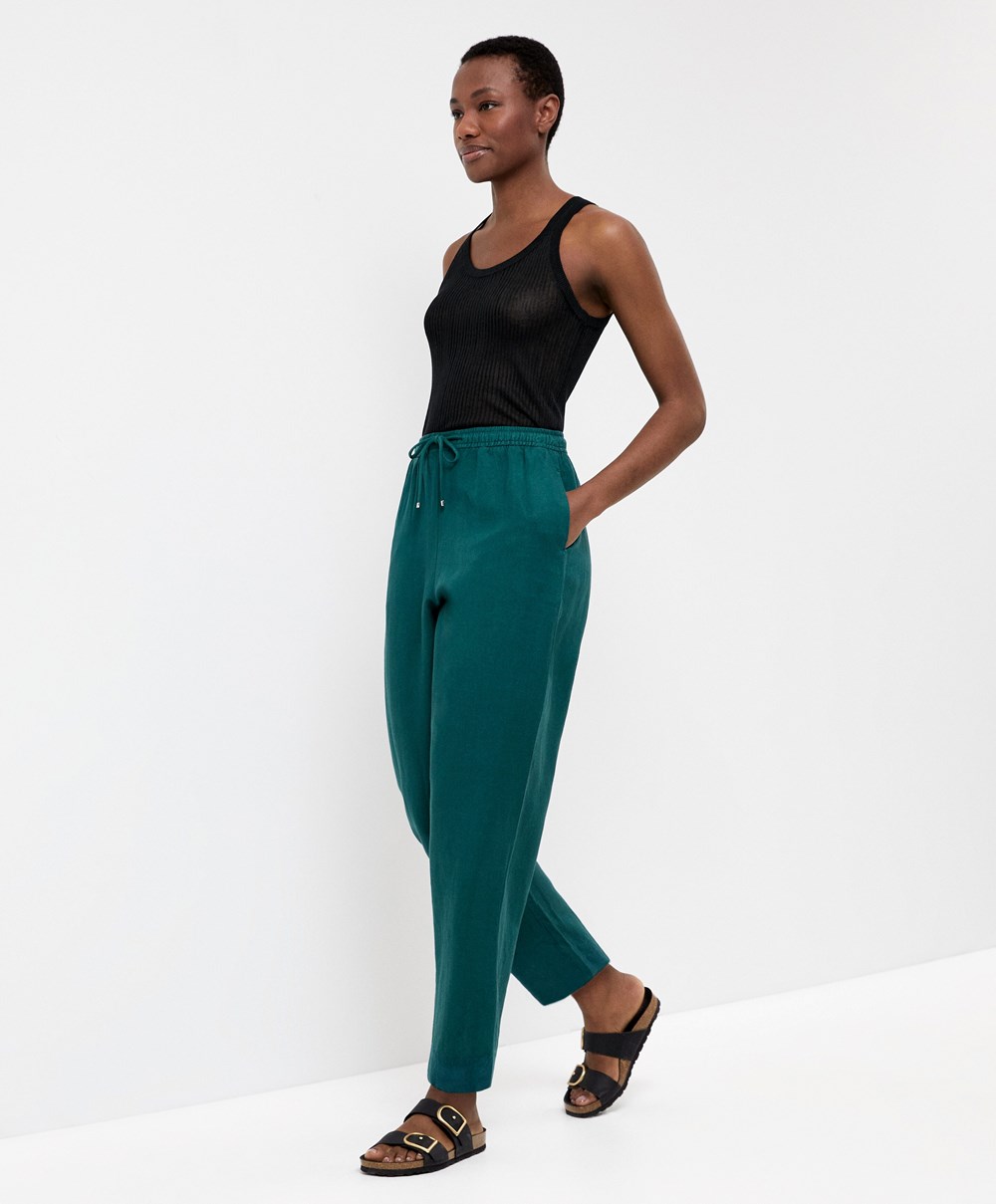 Oysho Linen Relaxed Fit Trousers Zöld | DBXKWL-420