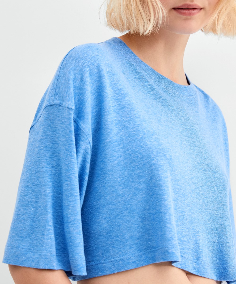 Oysho Linen Rövid-sleeved Crop T-shirt Kék | YCDUFS-984