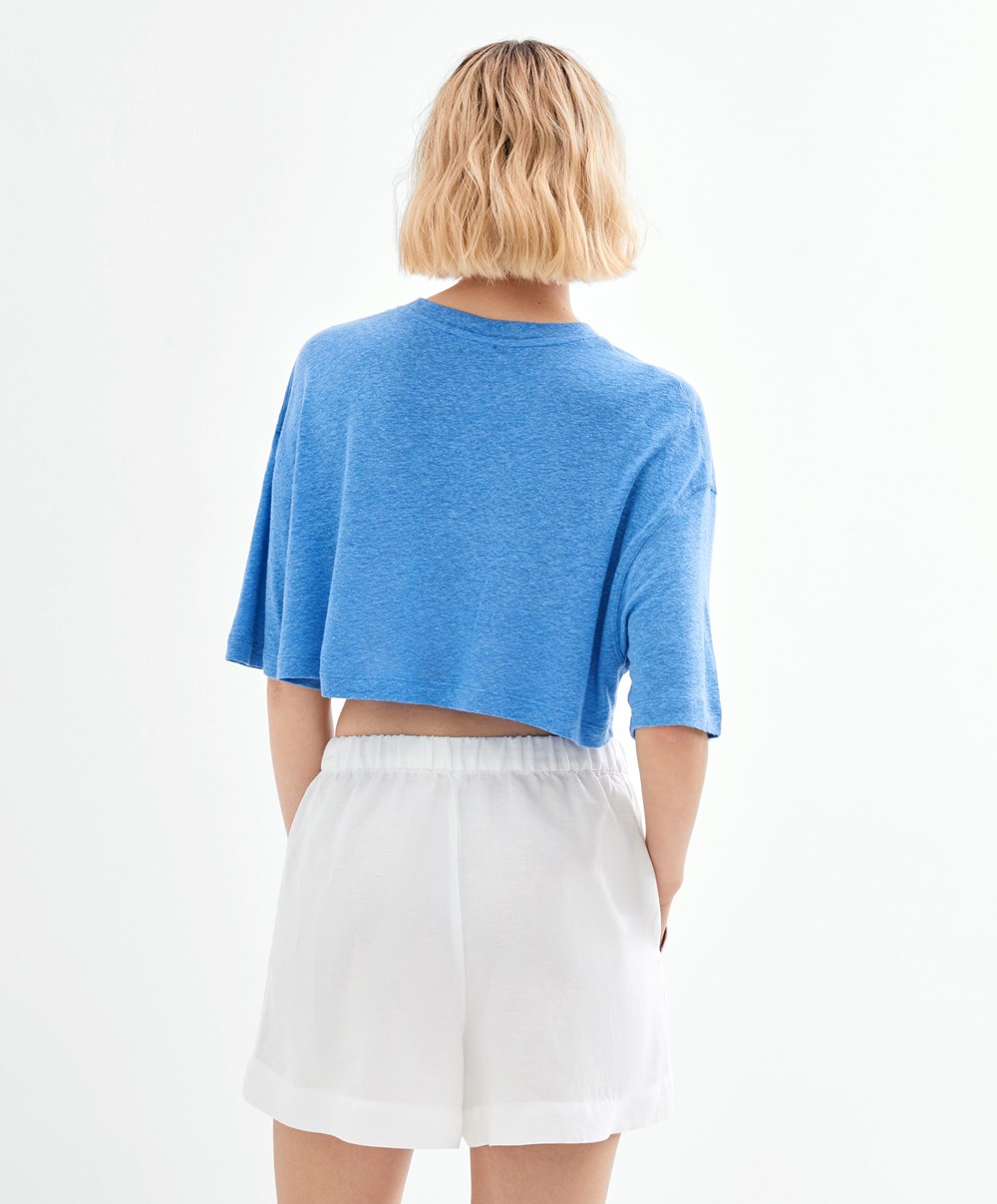 Oysho Linen Rövid-sleeved Crop T-shirt Kék | YCDUFS-984