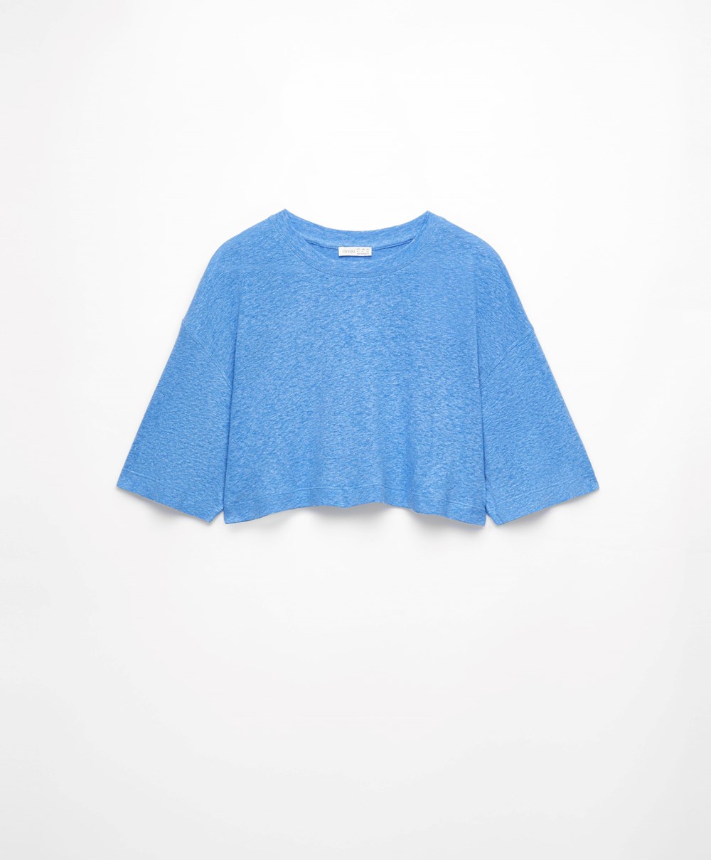 Oysho Linen Rövid-sleeved Crop T-shirt Kék | YCDUFS-984