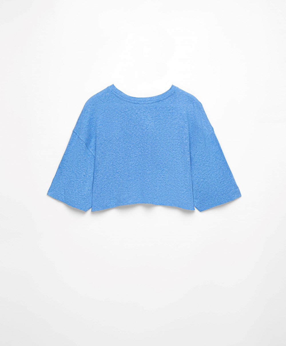 Oysho Linen Rövid-sleeved Crop T-shirt Kék | YCDUFS-984