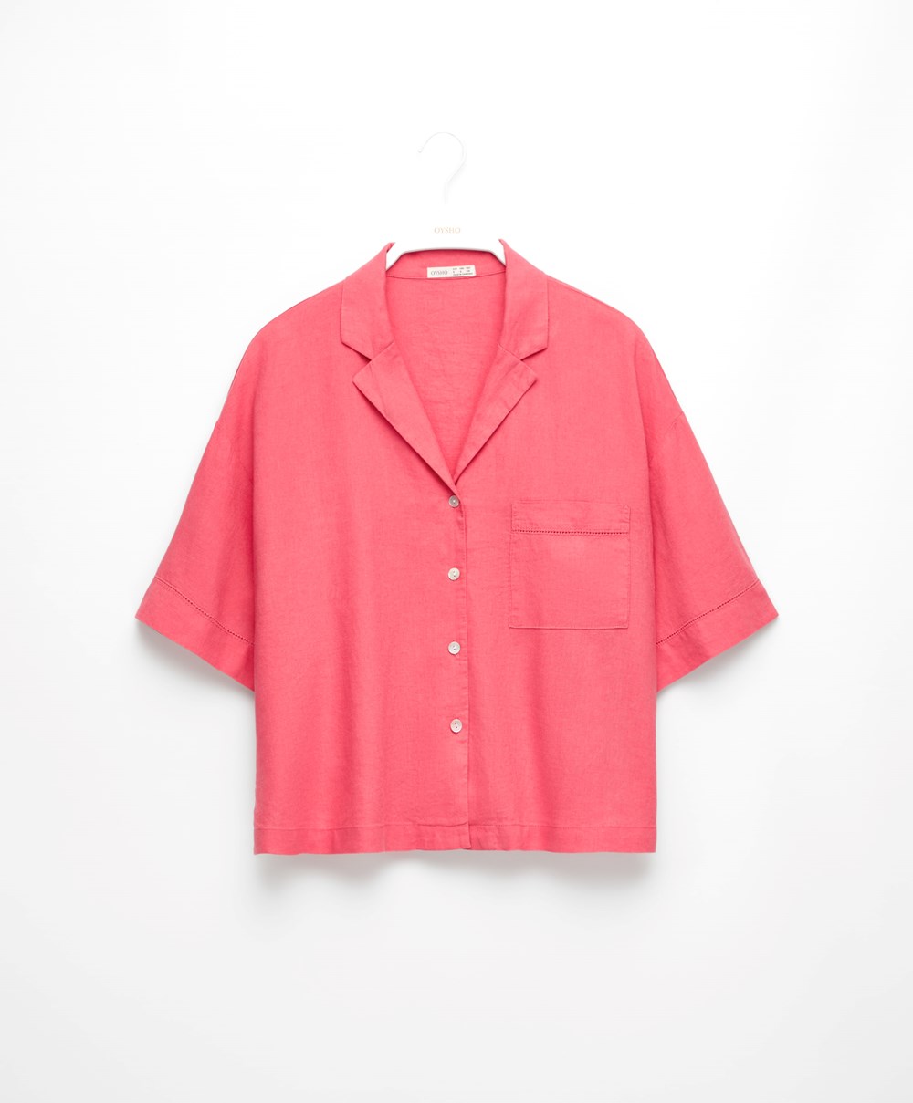 Oysho Linen Rövid-sleeved Shirt Korall Rózsaszín | DTOGHK-098