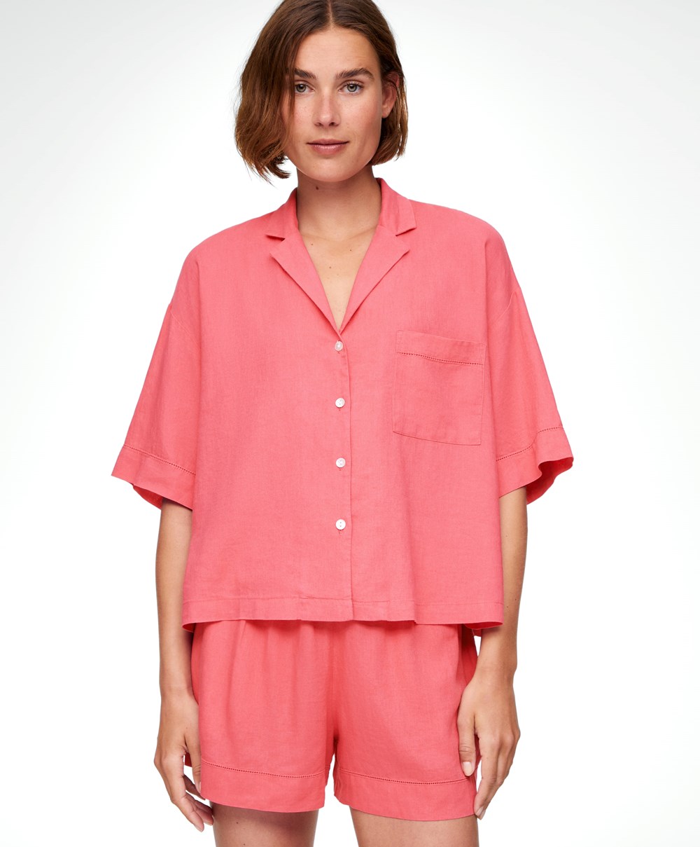 Oysho Linen Rövid-sleeved Shirt Korall Rózsaszín | DTOGHK-098