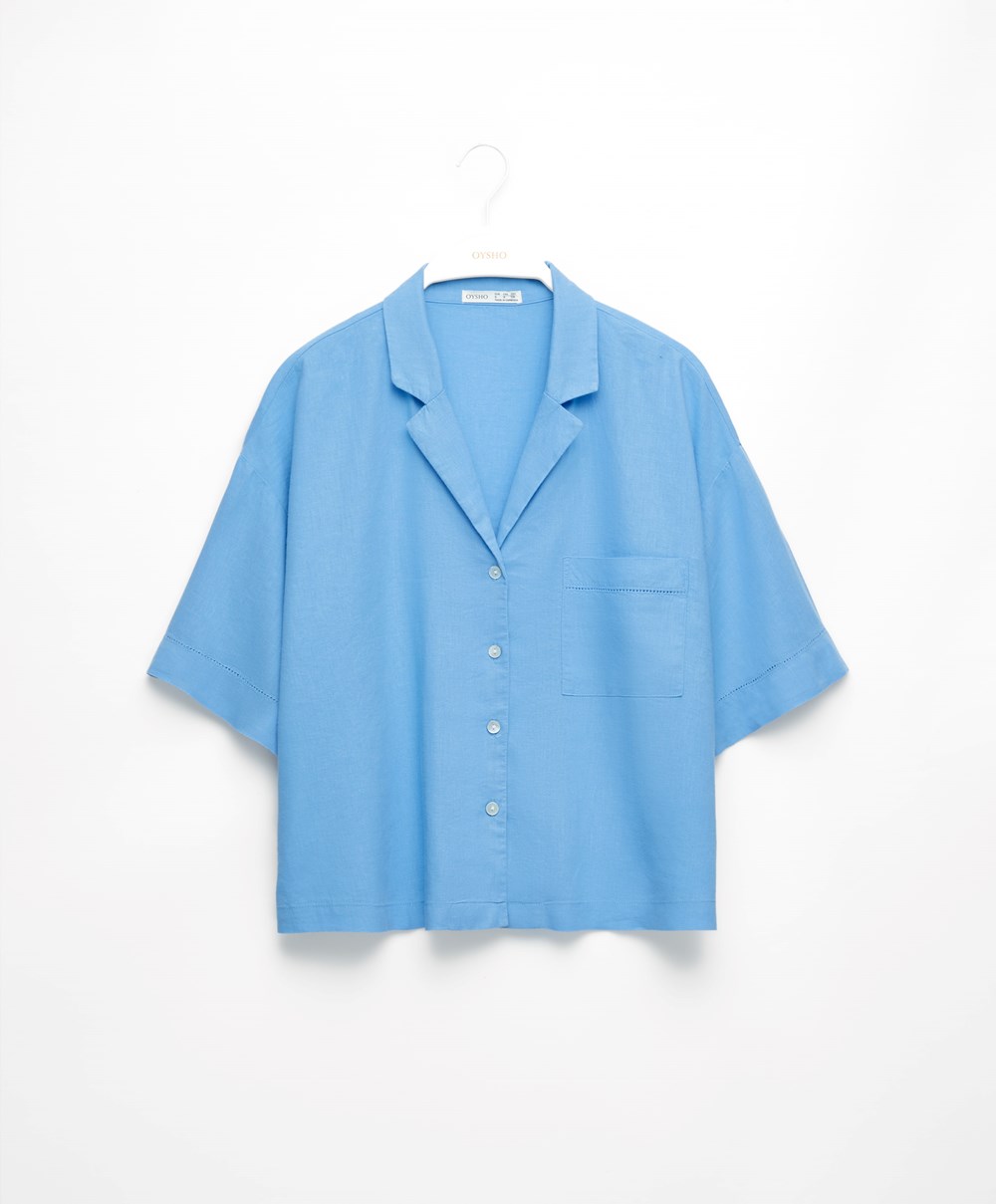 Oysho Linen Rövid-sleeved Shirt Kék | RZFWYH-865