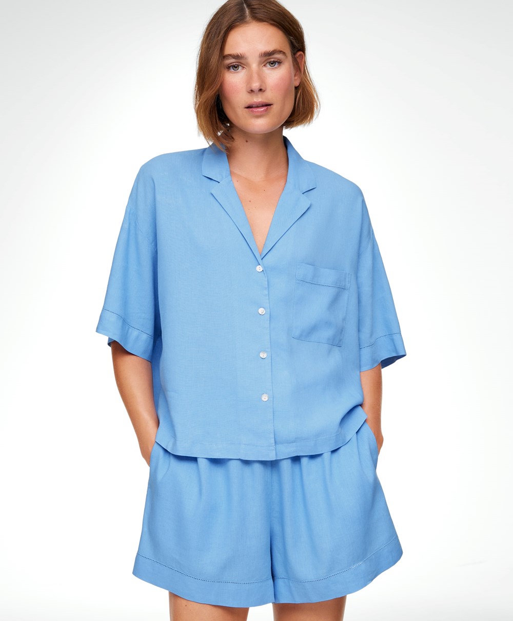 Oysho Linen Rövid-sleeved Shirt Kék | RZFWYH-865