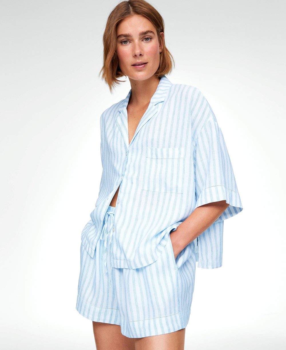 Oysho Linen Rövid-sleeved Shirt Pale Ecru | LOYADG-364