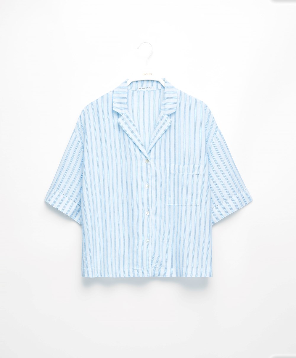 Oysho Linen Rövid-sleeved Shirt Pale Ecru | LOYADG-364