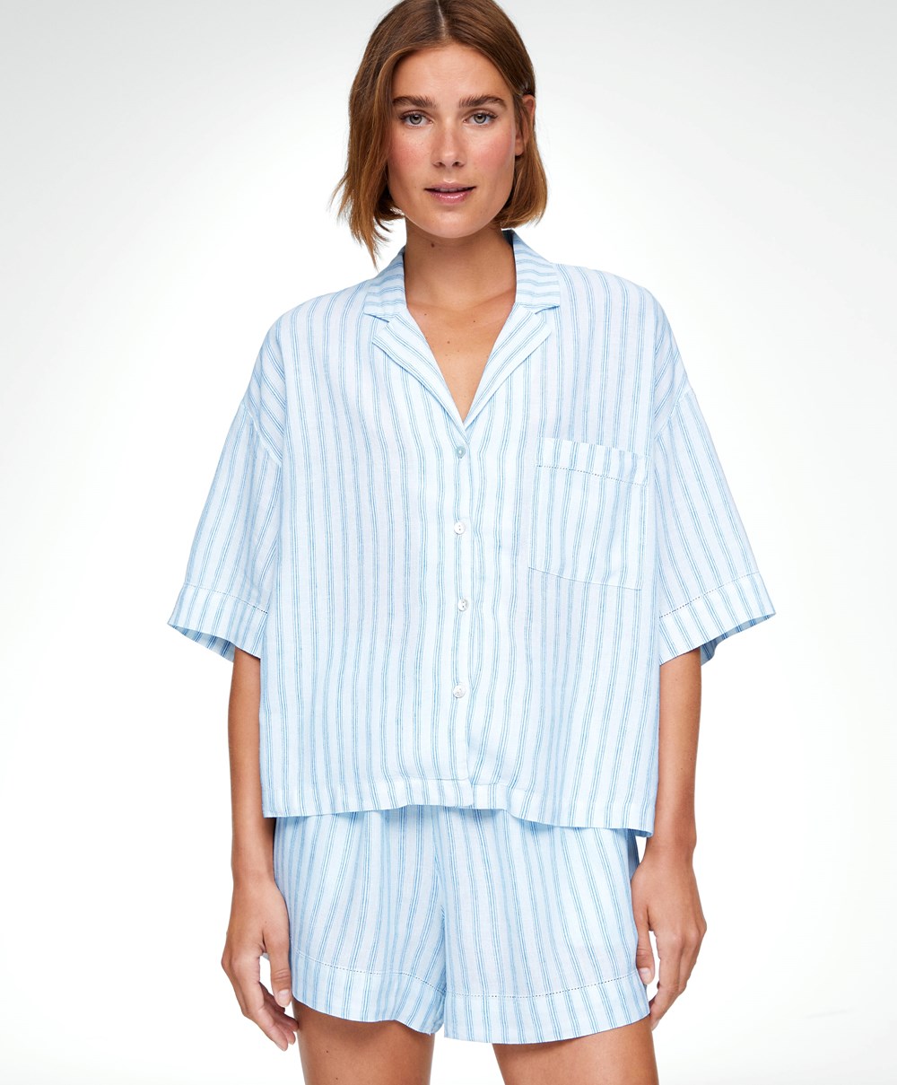 Oysho Linen Rövid-sleeved Shirt Pale Ecru | LOYADG-364