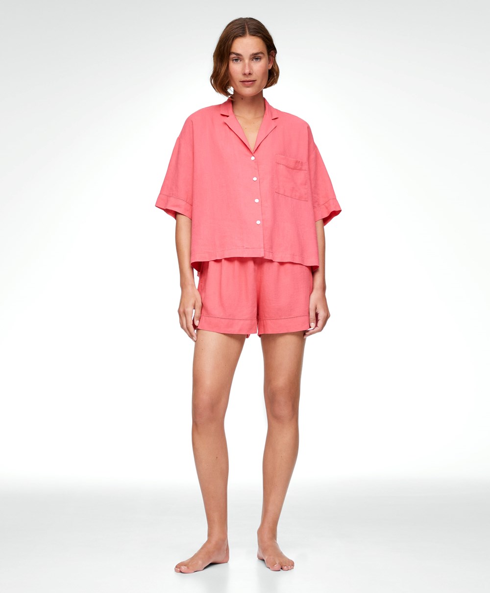 Oysho Linen Shorts Korall Rózsaszín | VSZXTB-751