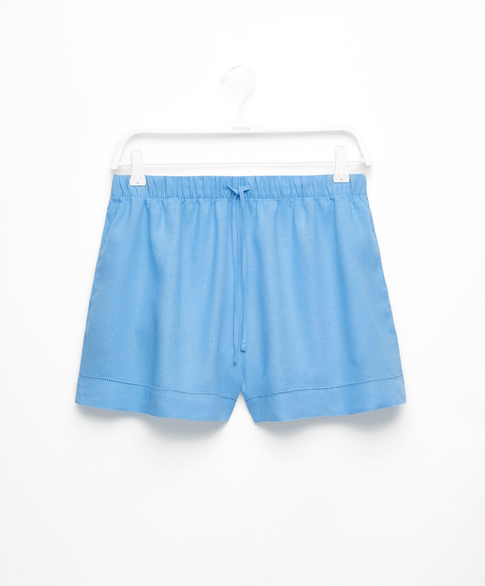 Oysho Linen Shorts Kék | KQELXJ-476