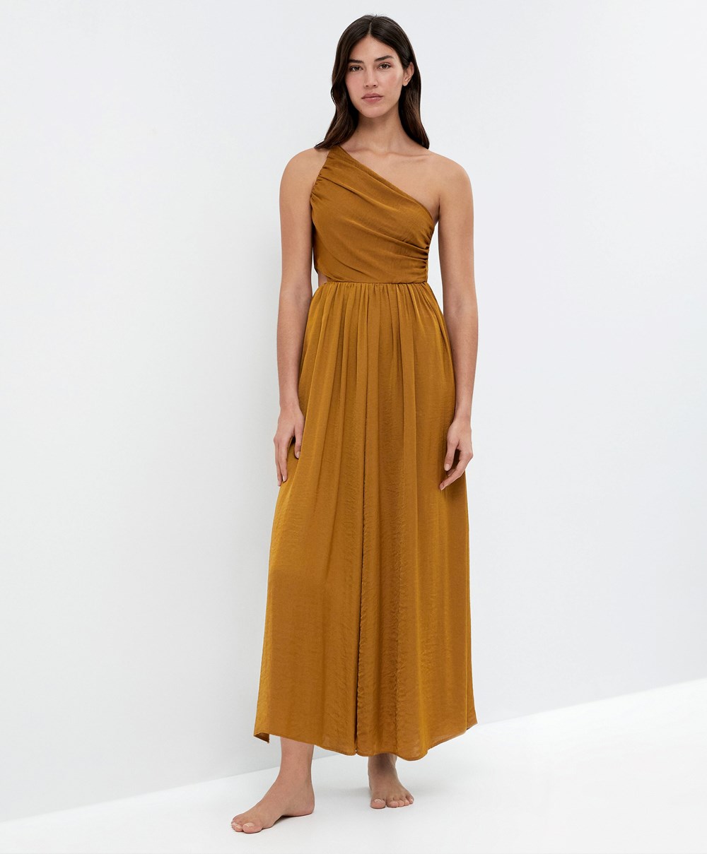 Oysho Long Asymmetric Ruha With A Satin Finish Sötét | PYLCNG-043