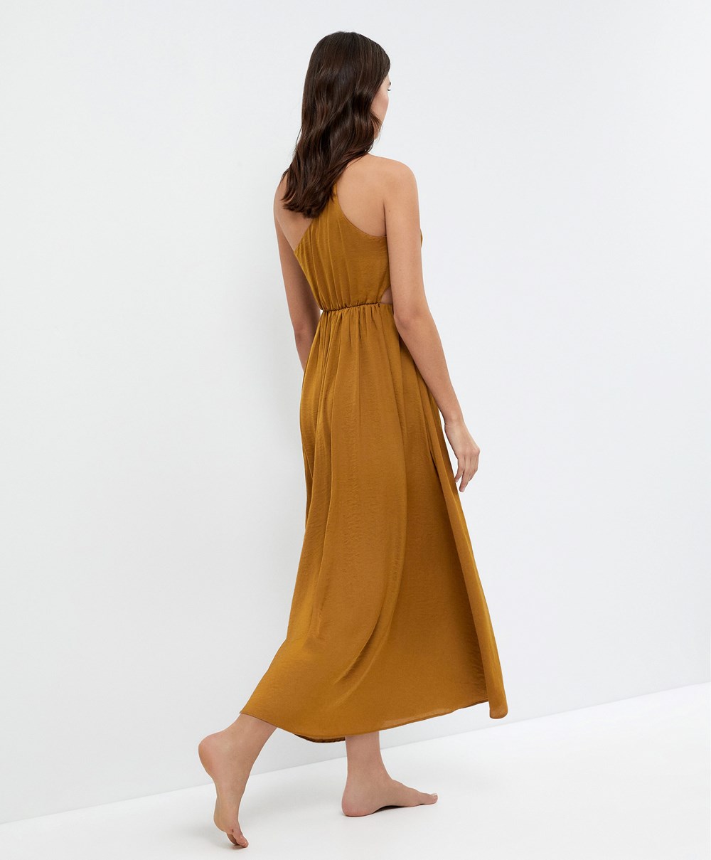 Oysho Long Asymmetric Ruha With A Satin Finish Sötét | PYLCNG-043