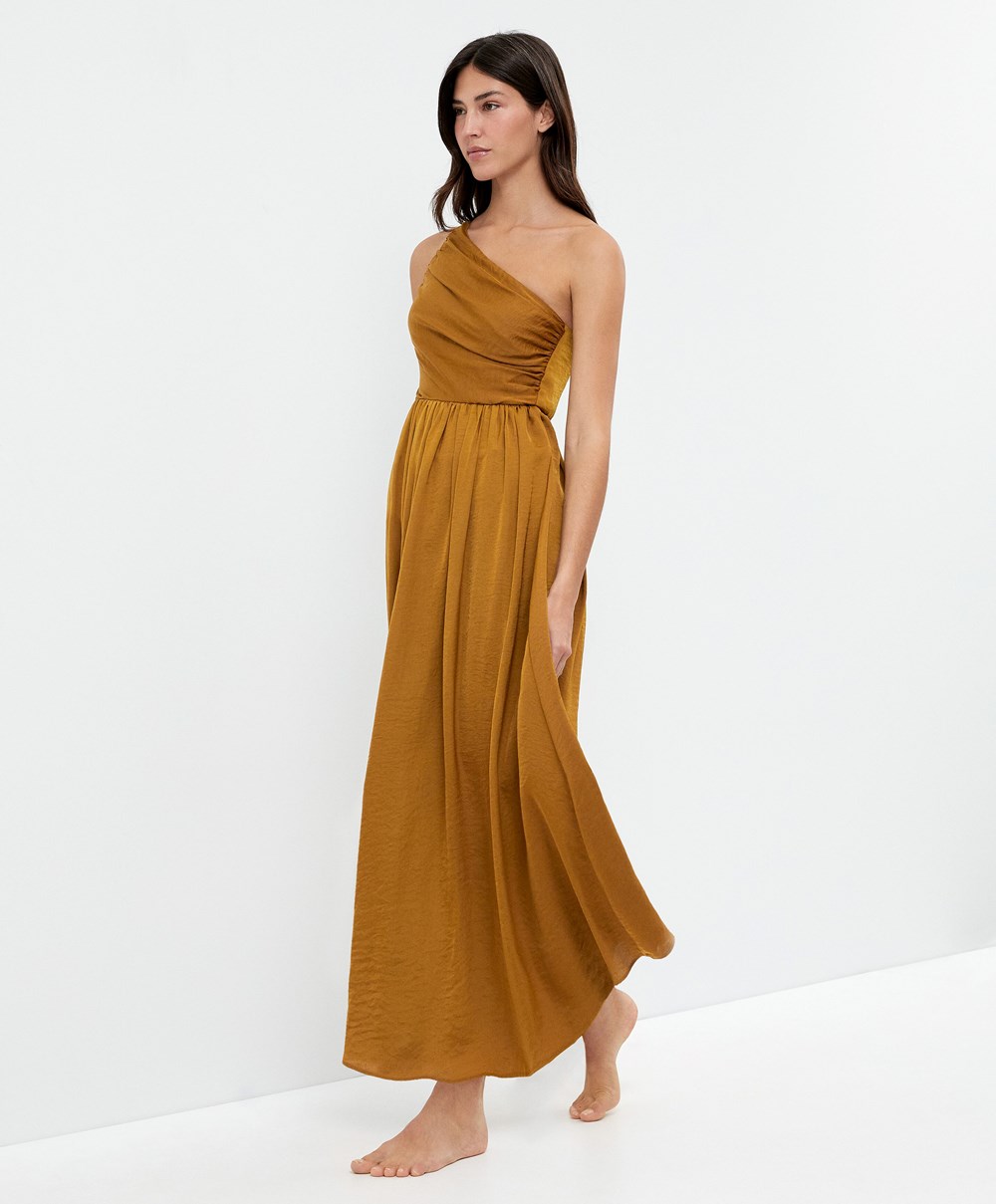 Oysho Long Asymmetric Ruha With A Satin Finish Sötét | PYLCNG-043