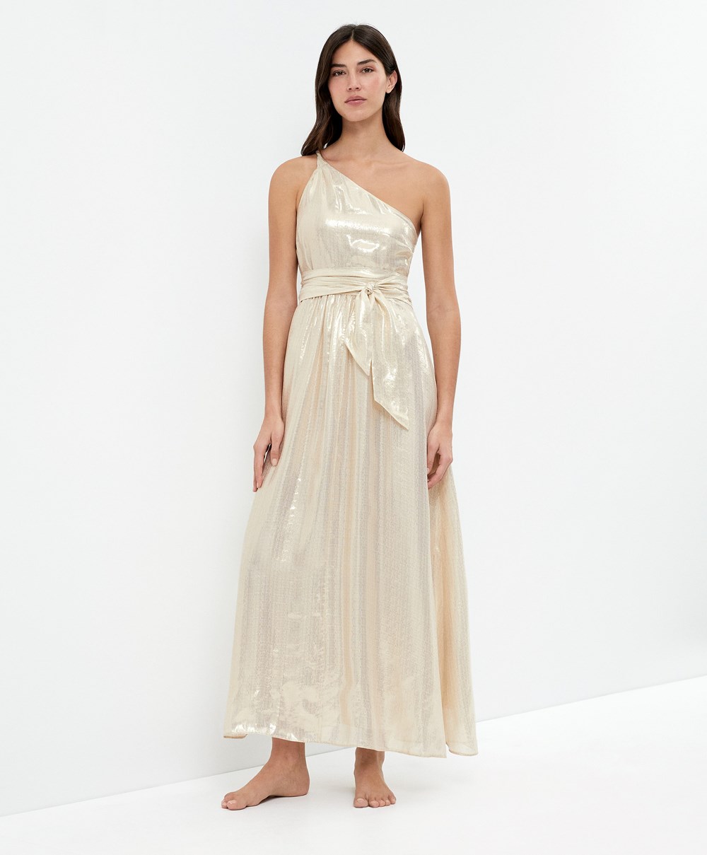 Oysho Long Asymmetric Silk Ruha With Metallic Thread Fehér Arany | UPZEGY-531