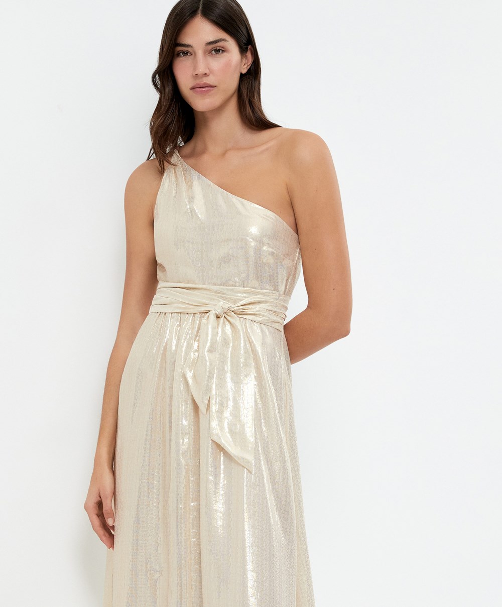 Oysho Long Asymmetric Silk Ruha With Metallic Thread Fehér Arany | UPZEGY-531