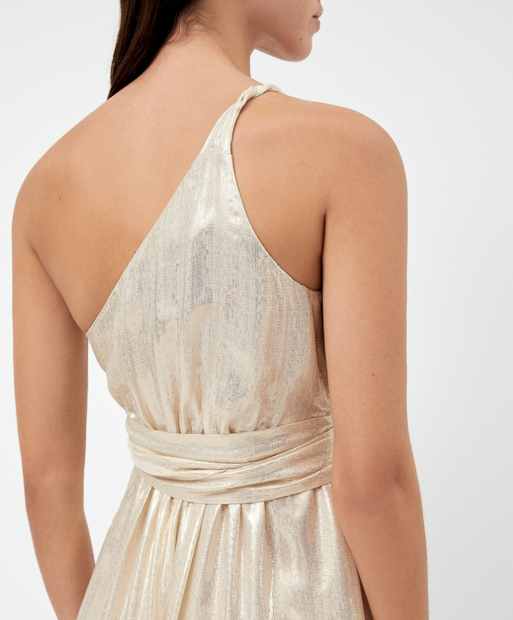 Oysho Long Asymmetric Silk Ruha With Metallic Thread Fehér Arany | UPZEGY-531