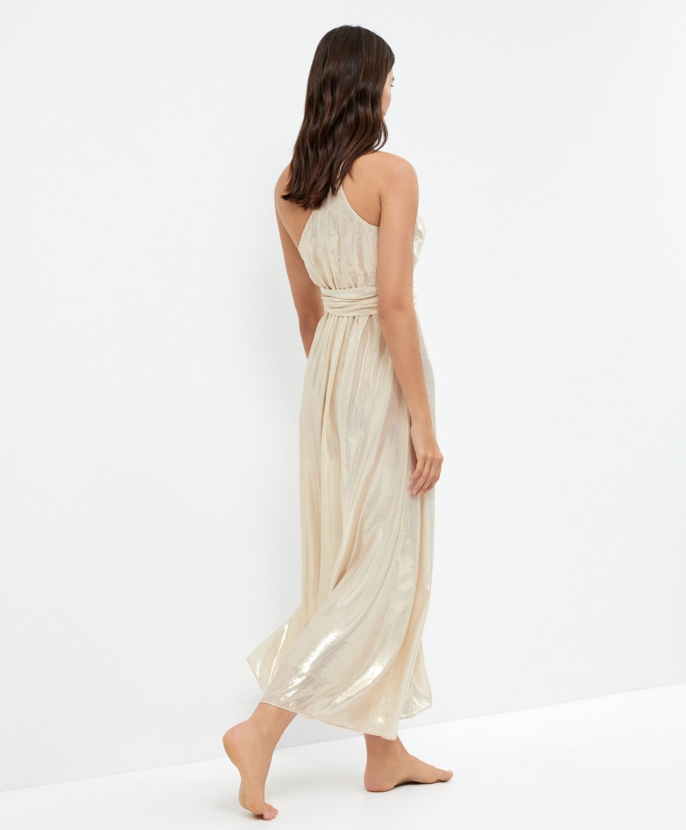 Oysho Long Asymmetric Silk Ruha With Metallic Thread Fehér Arany | UPZEGY-531