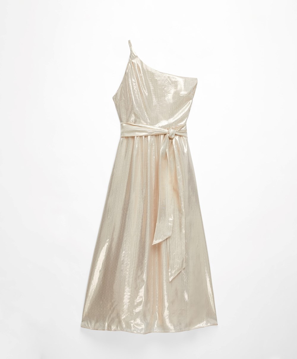 Oysho Long Asymmetric Silk Ruha With Metallic Thread Fehér Arany | UPZEGY-531