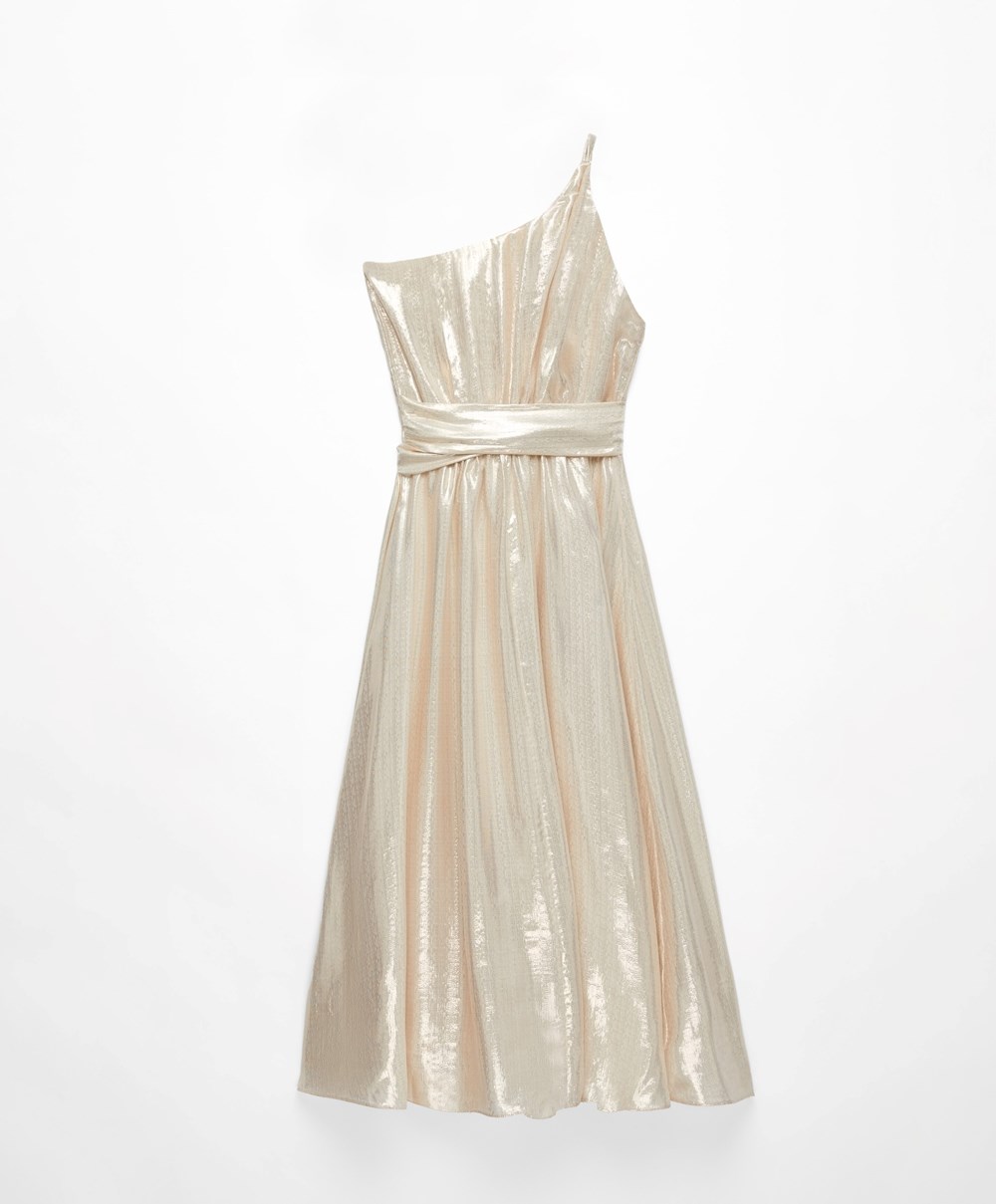 Oysho Long Asymmetric Silk Ruha With Metallic Thread Fehér Arany | UPZEGY-531