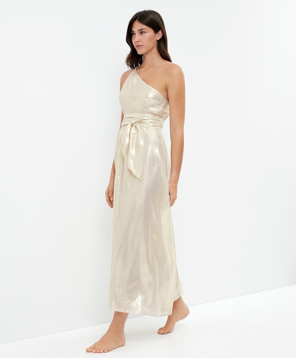 Oysho Long Asymmetric Silk Ruha With Metallic Thread Fehér Arany | UPZEGY-531