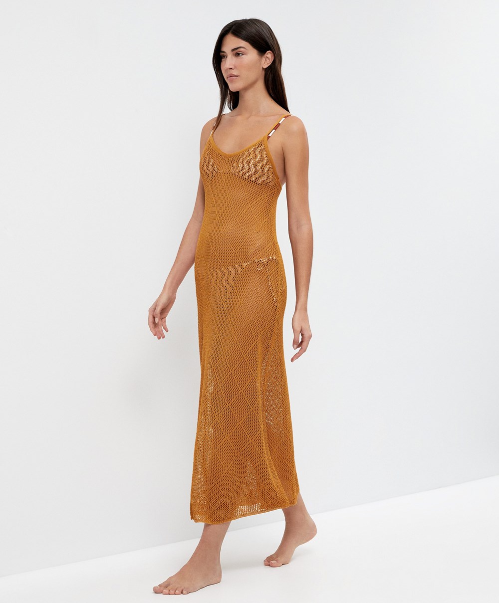 Oysho Long Crochet Ruha Honey | CMRQNY-398