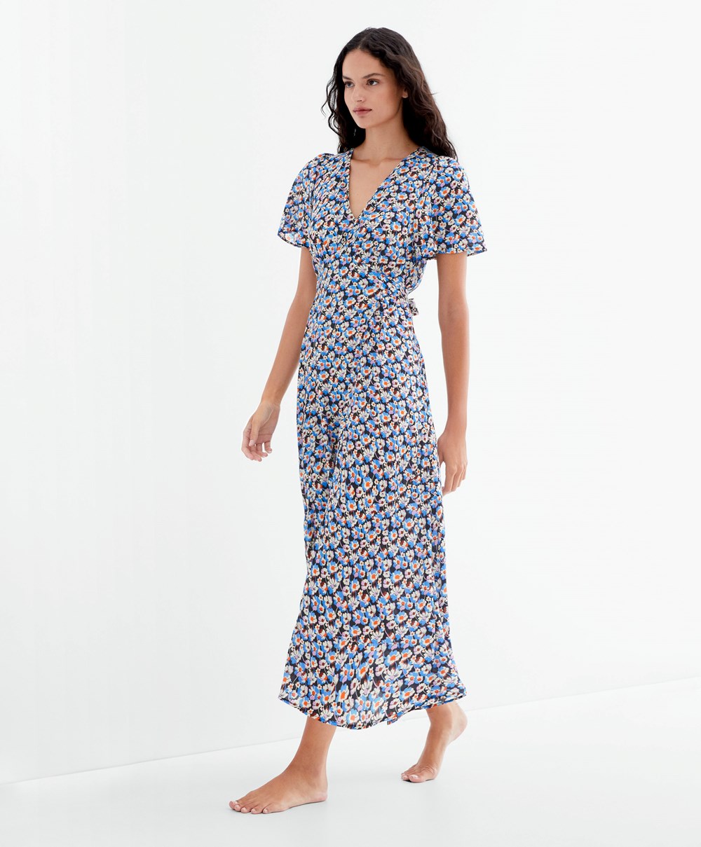 Oysho Long Floral Ruha Kék | BZGLJA-249