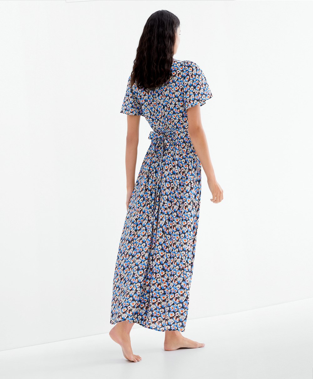 Oysho Long Floral Ruha Kék | BZGLJA-249