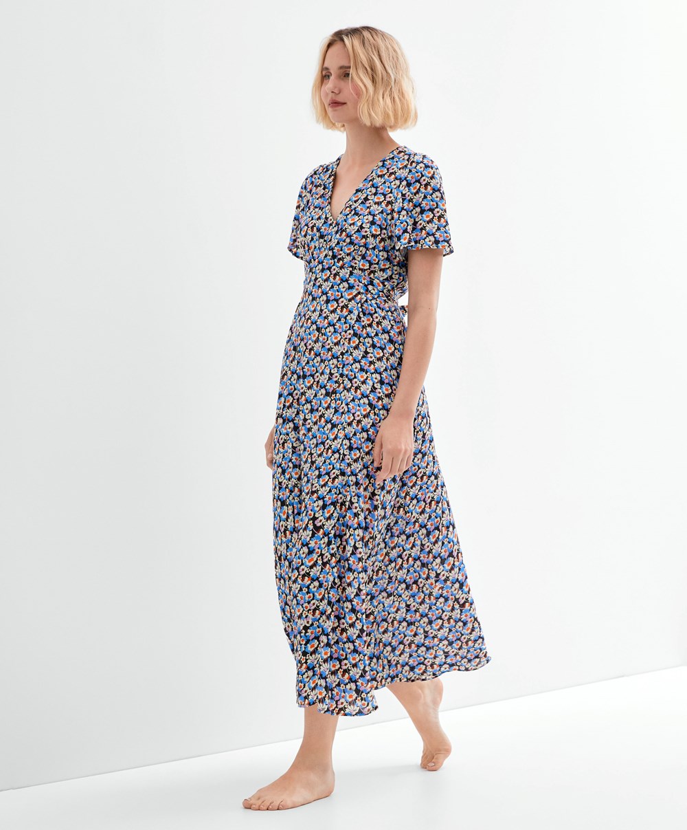 Oysho Long Floral Ruha Kék | ELGYQS-934