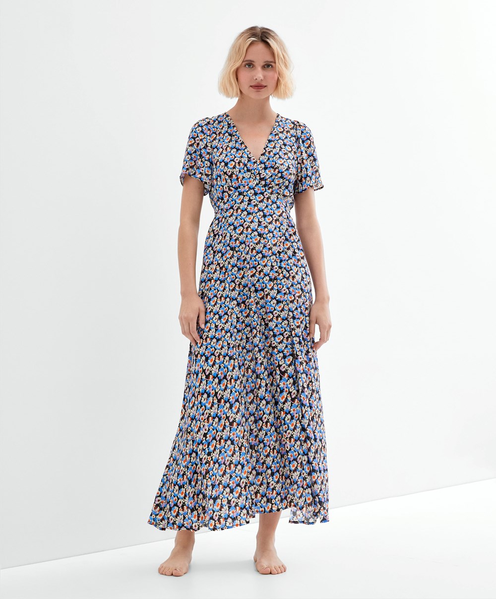 Oysho Long Floral Ruha Kék | ELGYQS-934