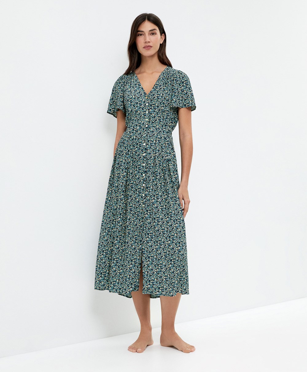 Oysho Long Floral Ruha Sötétkék | FKUREM-850