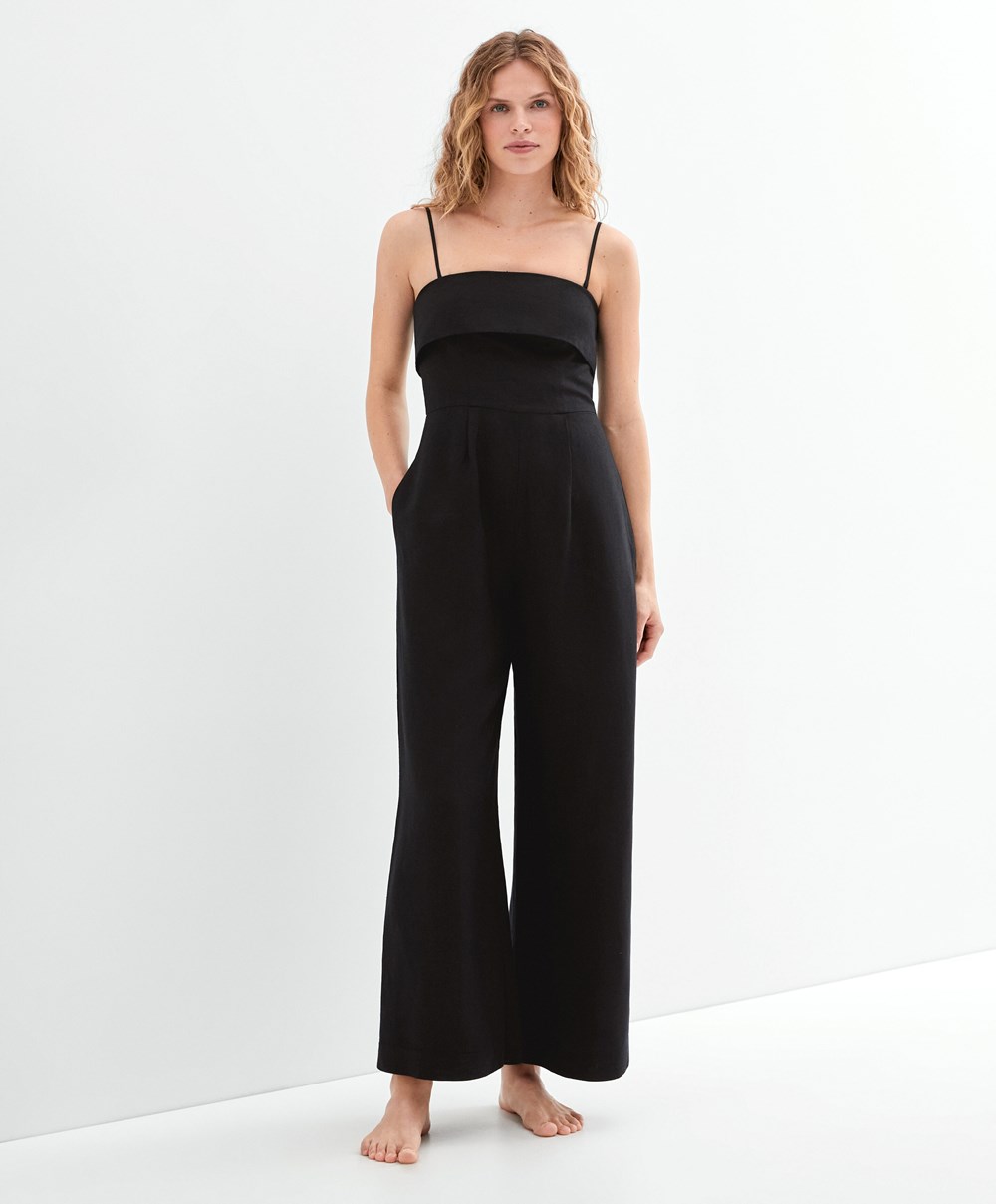 Oysho Long Linen Bandeau Jumpsuit Fekete | SZLFRB-364