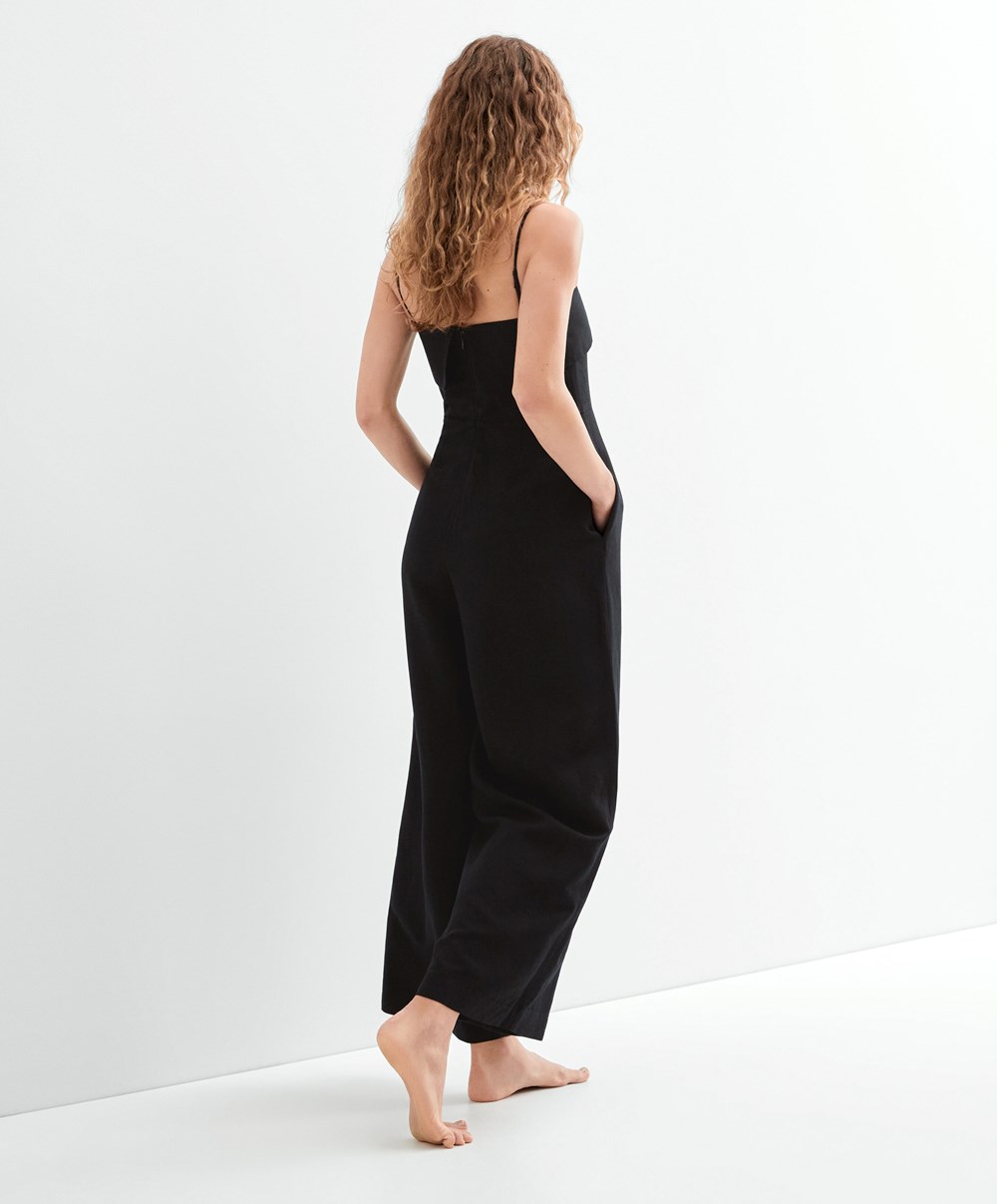 Oysho Long Linen Bandeau Jumpsuit Fekete | SZLFRB-364