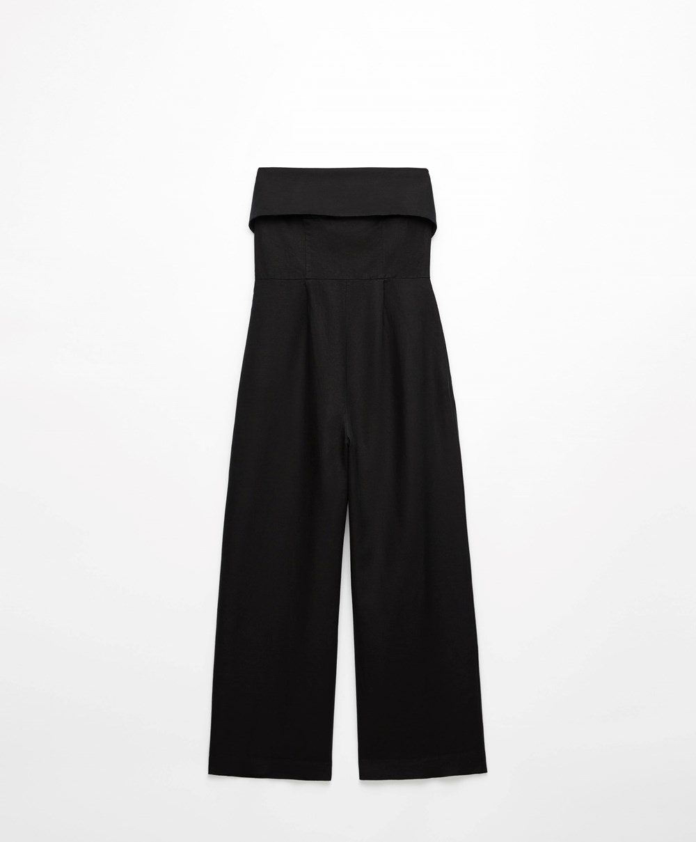 Oysho Long Linen Bandeau Jumpsuit Fekete | SZLFRB-364