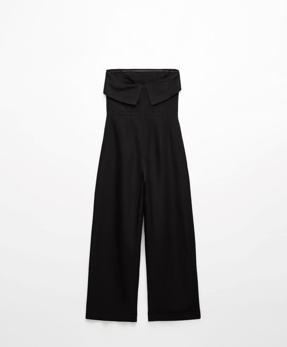 Oysho Long Linen Bandeau Jumpsuit Fekete | SZLFRB-364