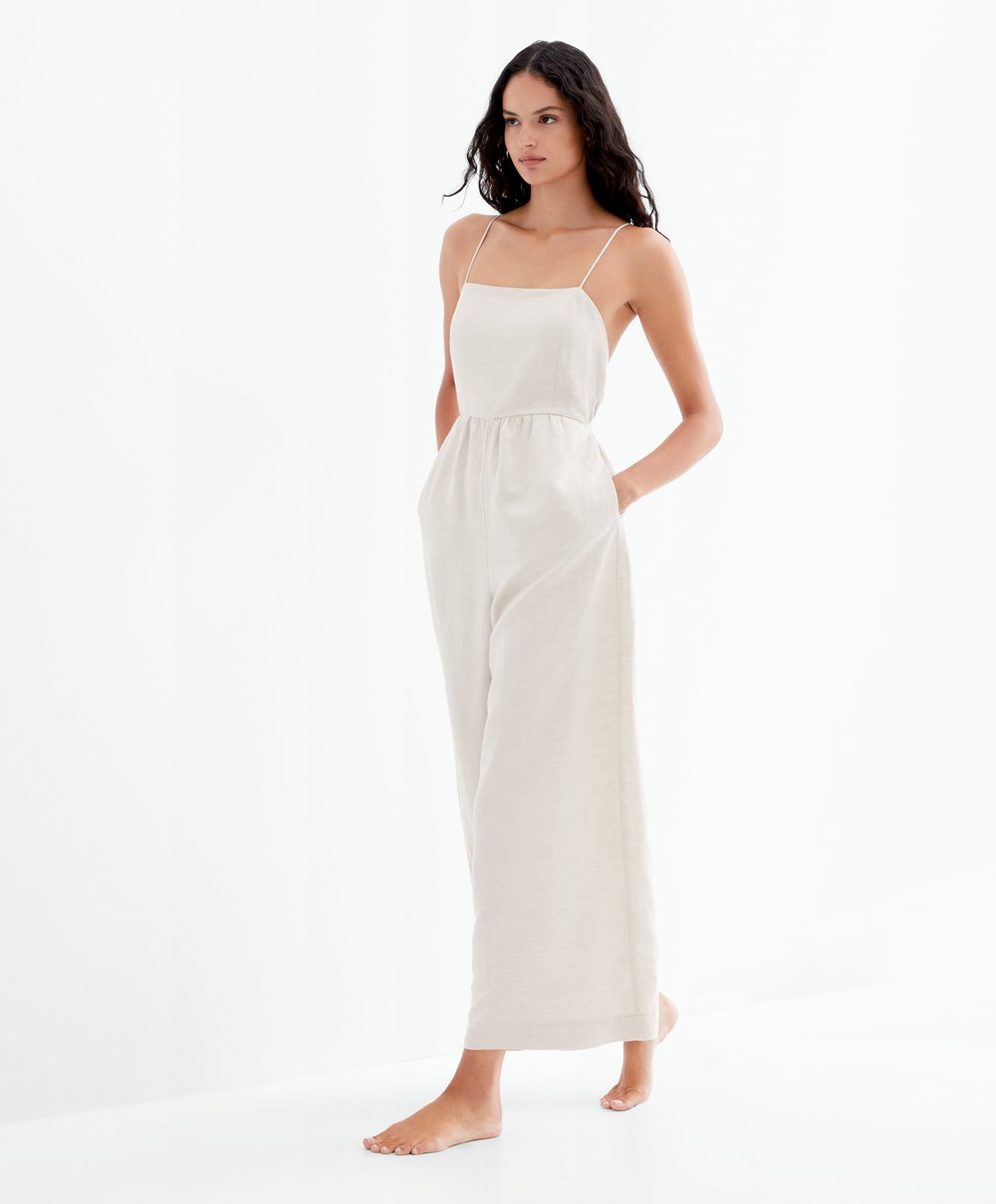 Oysho Long Linen Jumpsuit Sand Melange | KJHYRM-163