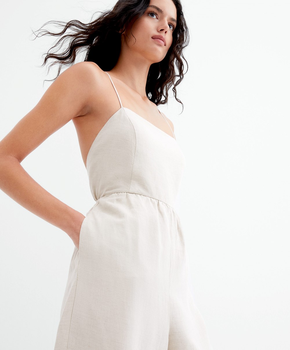 Oysho Long Linen Jumpsuit Sand Melange | KJHYRM-163